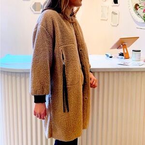 Camel Taupe Faux Leather Teddy Fleece Sherpa Coat Jacket Sweater Vegan